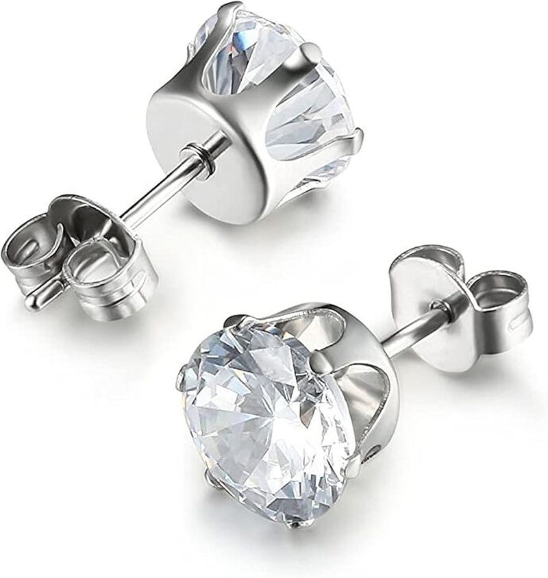 monochef 6 Pairs Stud Earrings Set, Hypoallergenic Clear Cubic Zirconia 316L Earrings Stainless Steel CZ Earrings for Women for Men 3-8mm, silver - Image 3